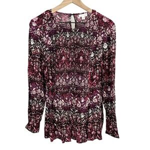 J. Jill Smocked Ikat Round Neck Tunic Blouse Top Purple Pink Small Boho Abstract